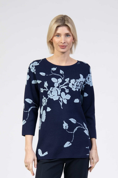 Jessica Graaf Round Neck Knit Embroidered Sweater 3/4 Sleeve 30288-003